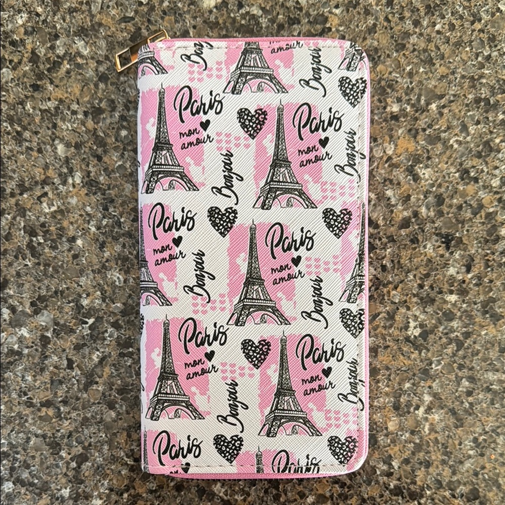 Chic Paris Print Wallet with Hearts